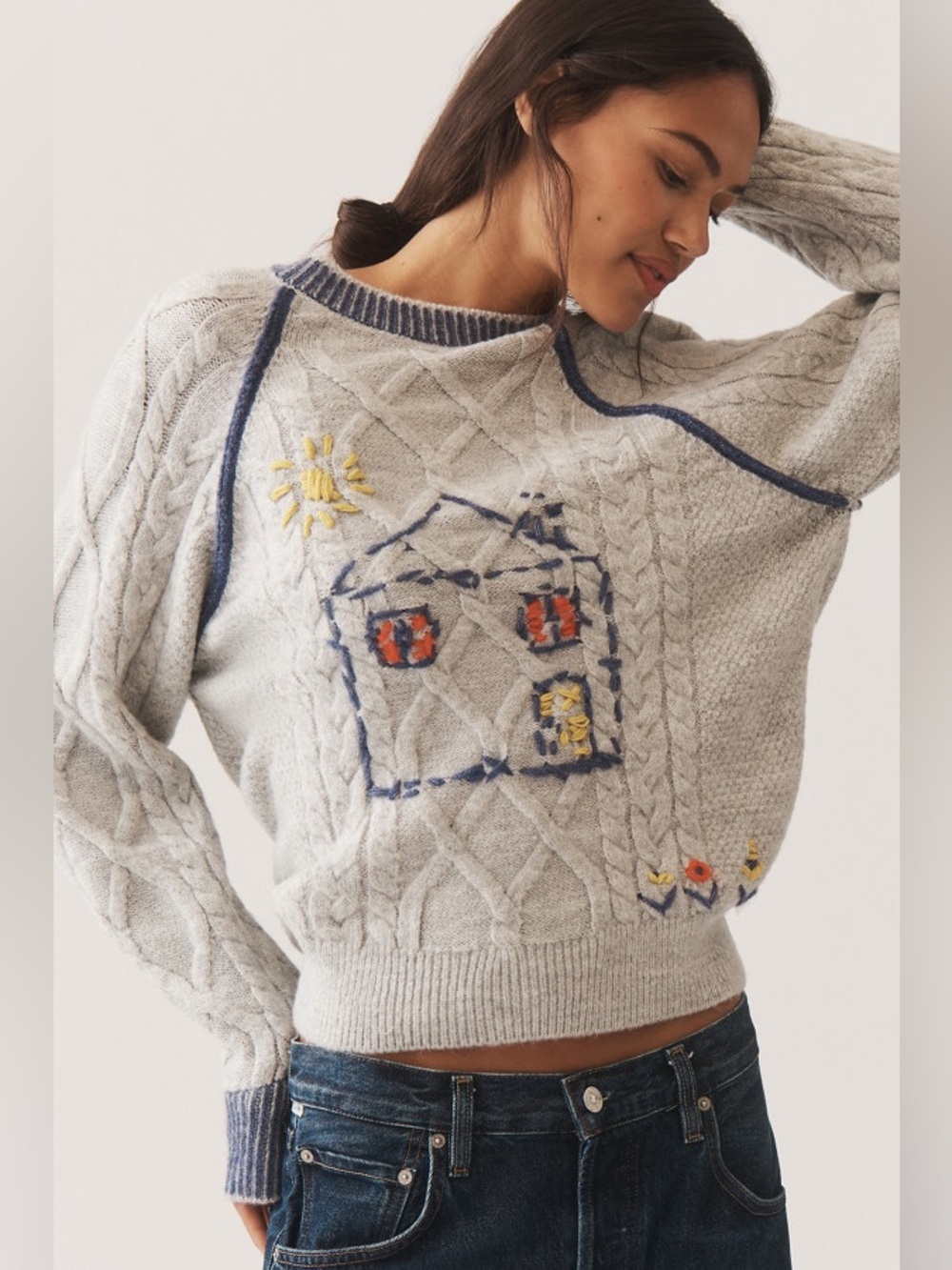 NWT Anthropologie Pilcro Cable-Knit Embroidered Cozy Home Sweater